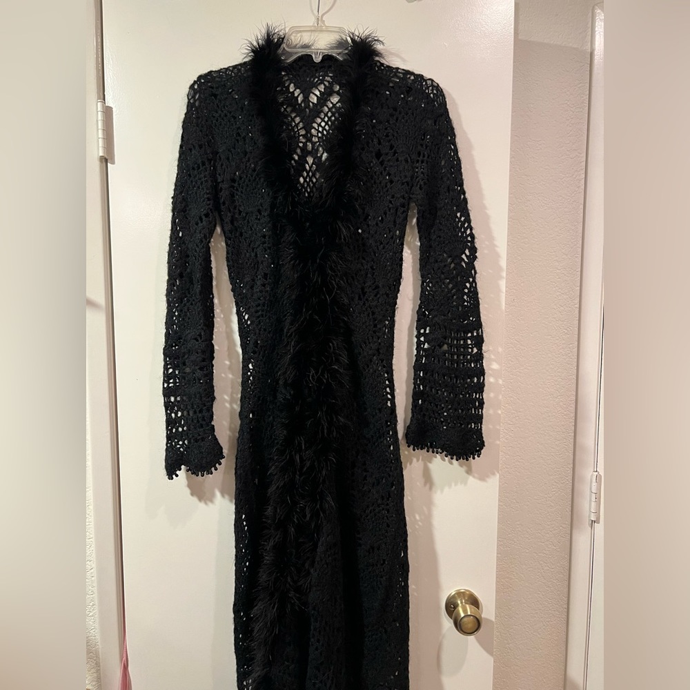 Vintage Bebe black crochet sweater - long - beaded trim - feather trim - size XS
